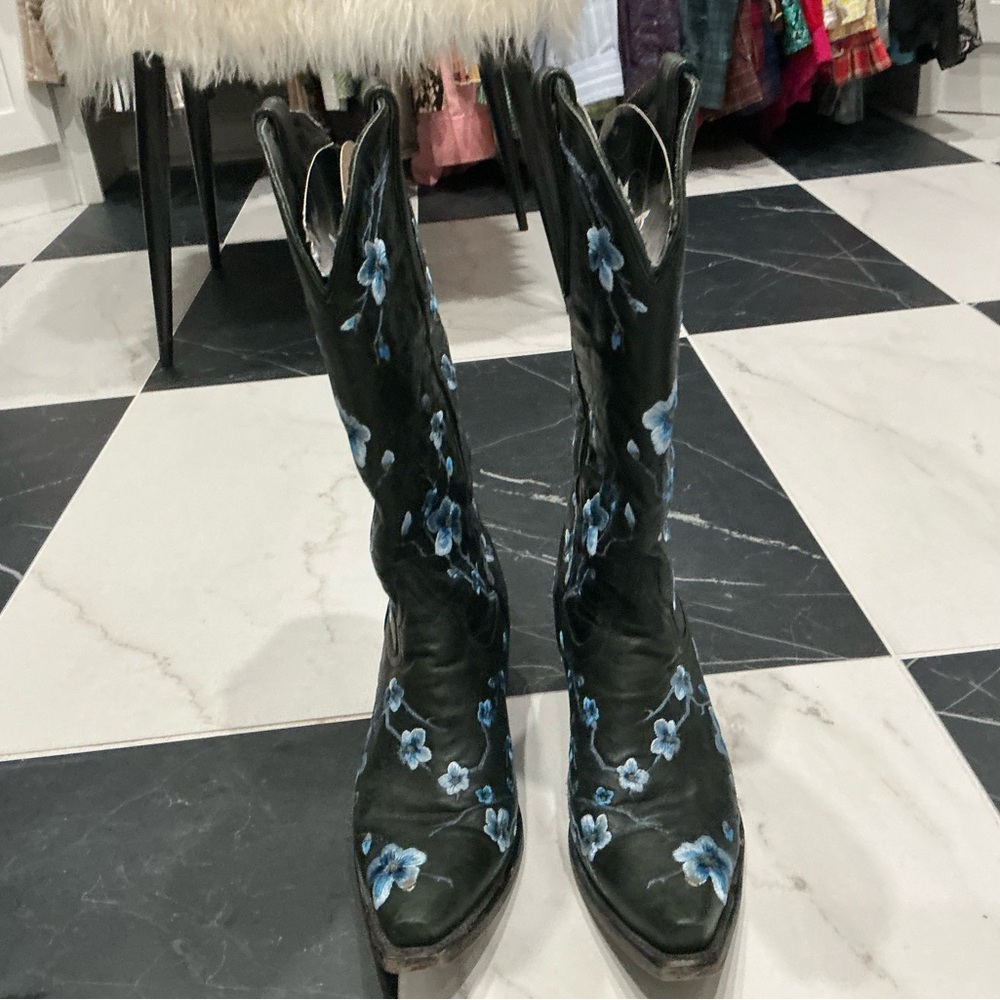 Floral Embroidered Heeled Boots - Black and Blue